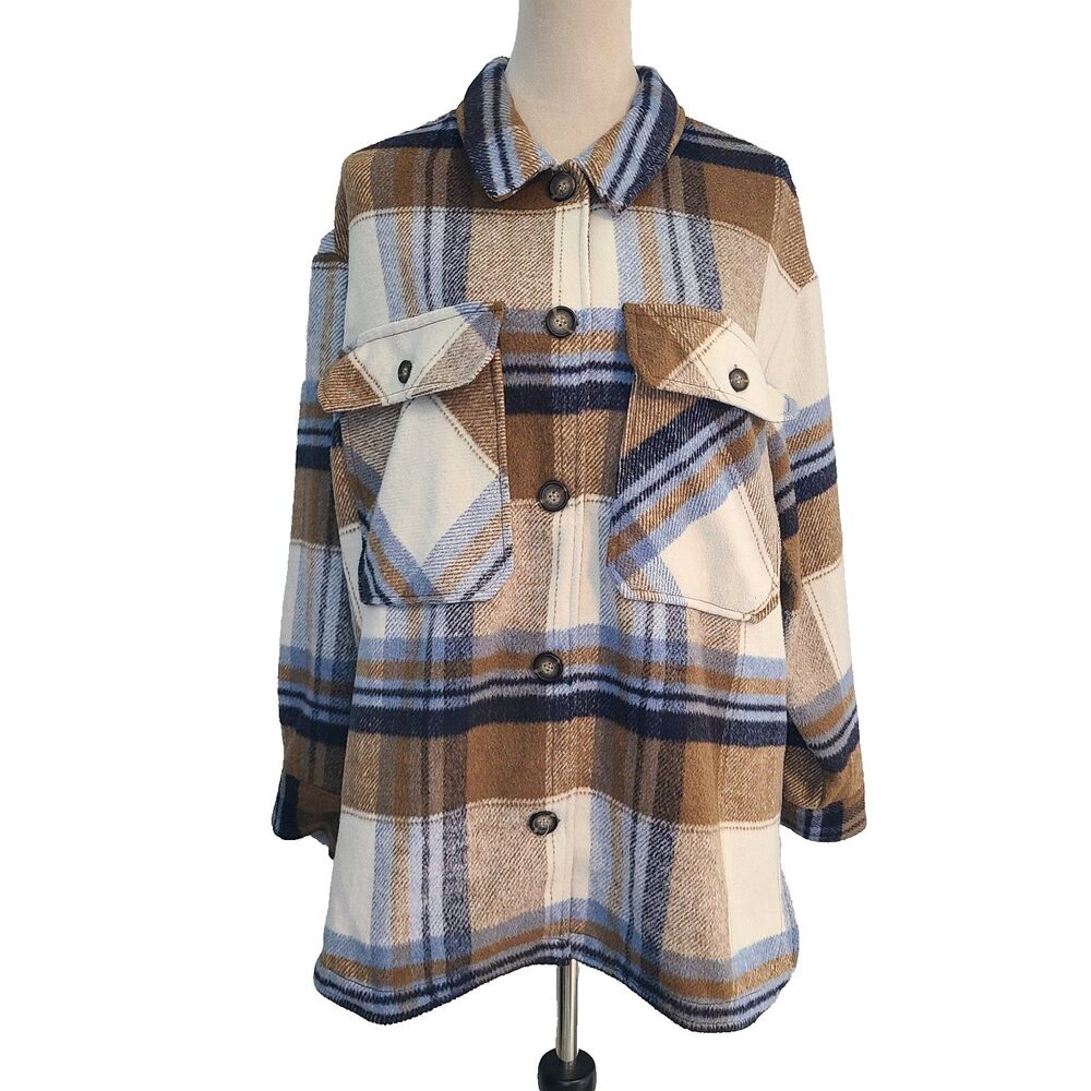 Ashley Outerwear Plaid Shacket Womens XL Blue Brown Button Jacket Granola Girl